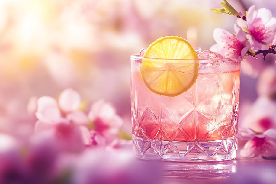 Pink spring cocktail with lemon slice and ice in a crystal glass, surrounded by cherry blossoms — ideal for slot players enjoying seasonal drinks on EternalSlots.com.