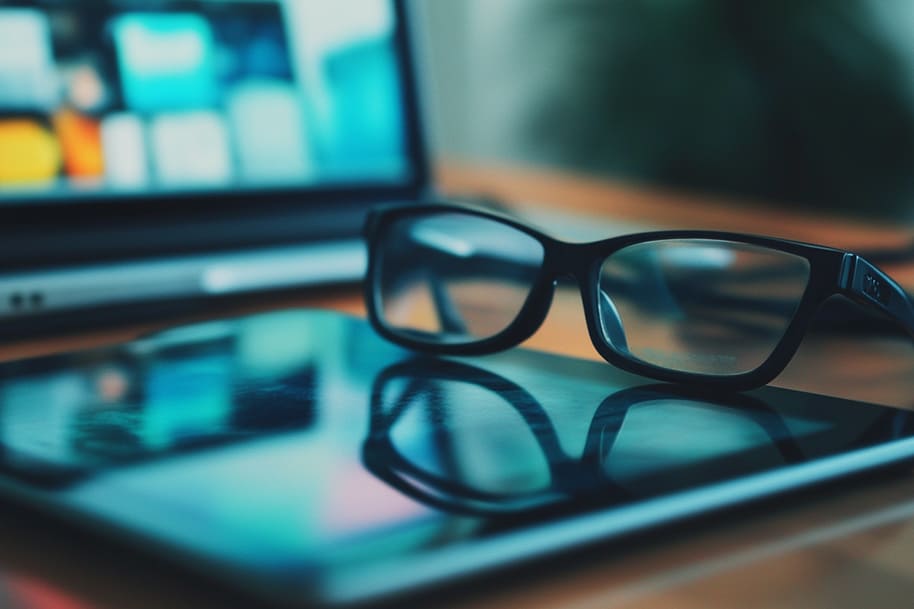 Close-up of black eyeglasses resting on a tablet with a blurred laptop in the background – symbolizing smart tech use and digital productivity tools.
