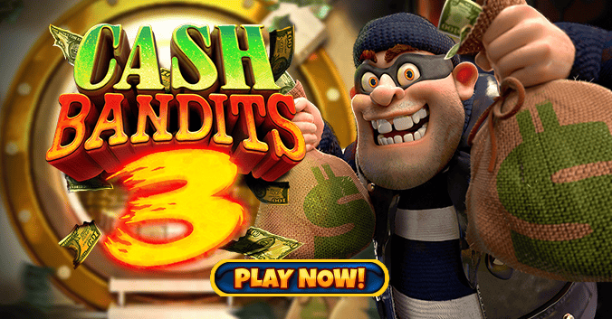 Cash Bandits 3 slot game banner featuring a cartoon robber with money bags in front of a vault. Play Cash Bandits 3 at Eternal Slots Casino for thrilling heist-themed bonuses and real money wins.