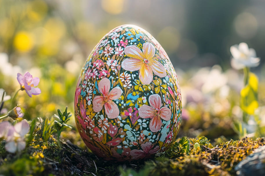 Hand-painted Easter egg with colorful floral design on mossy ground – creative Easter egg decorating idea featured on EternalSlots online casino blog.