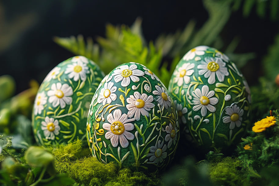 Decorative green Easter eggs with white daisy patterns – nature-inspired Easter egg painting for EternalSlots holiday celebration blog post.
