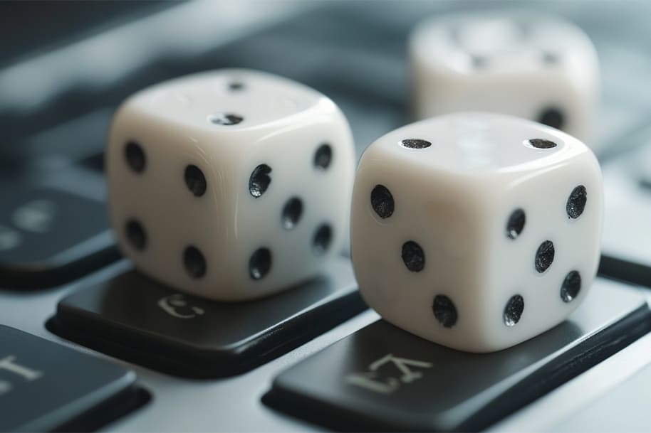 Three white casino dice on a black keyboard symbolizing online gambling strategies at EternalSlots Casino.