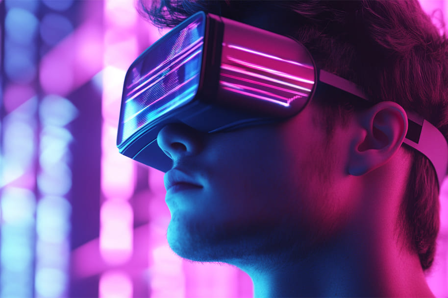 Man wearing a virtual reality headset with neon lights, highlighting the immersive VR casino gaming trend at EternalSlots.