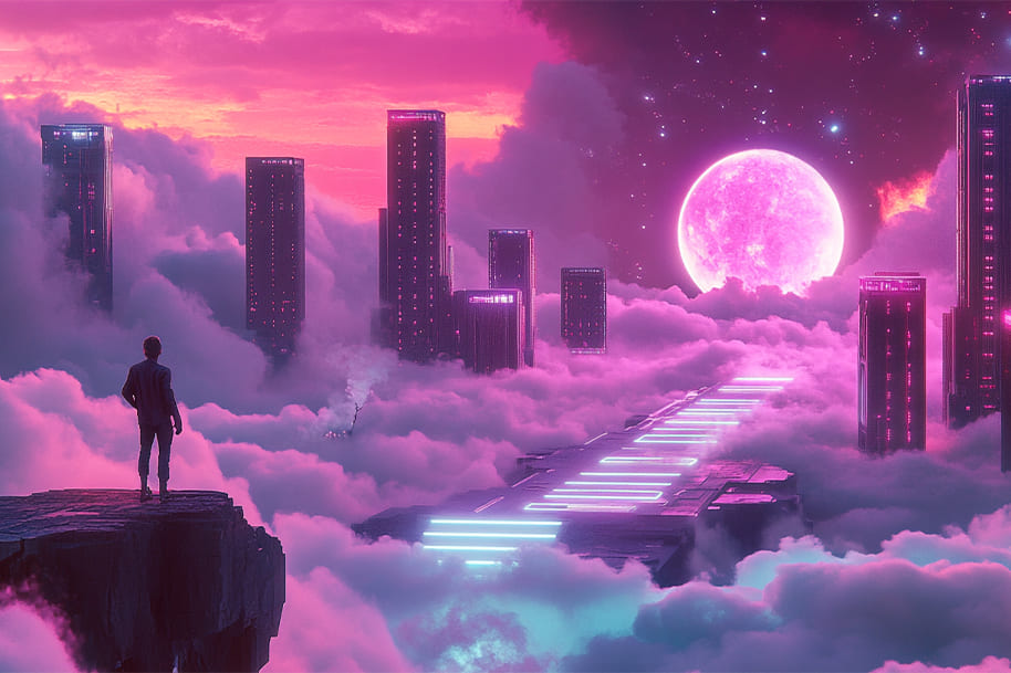 Futuristic cityscape with glowing skyscrapers and pink full moon, representing the surreal world of online gaming and metaverse casino experiences.