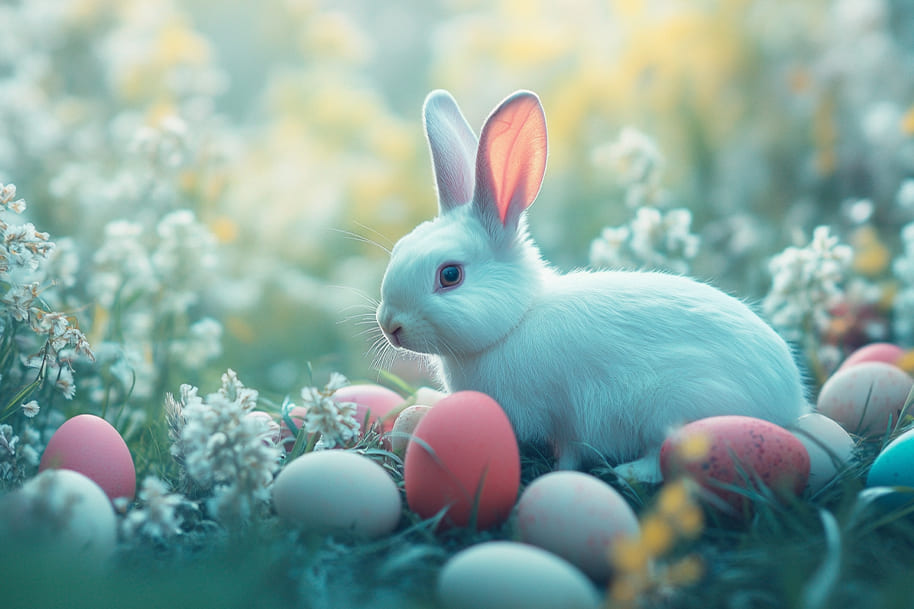 Adorable white Easter bunny sitting among colorful eggs in a spring meadow, perfect symbol of luck and renewal for Eternal Slots players this season.