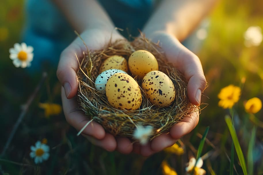 Close-up of hands gently holding a nest filled with speckled quail eggs, symbolizing nature, tradition, and the fresh start of Easter at Eternal Slots.