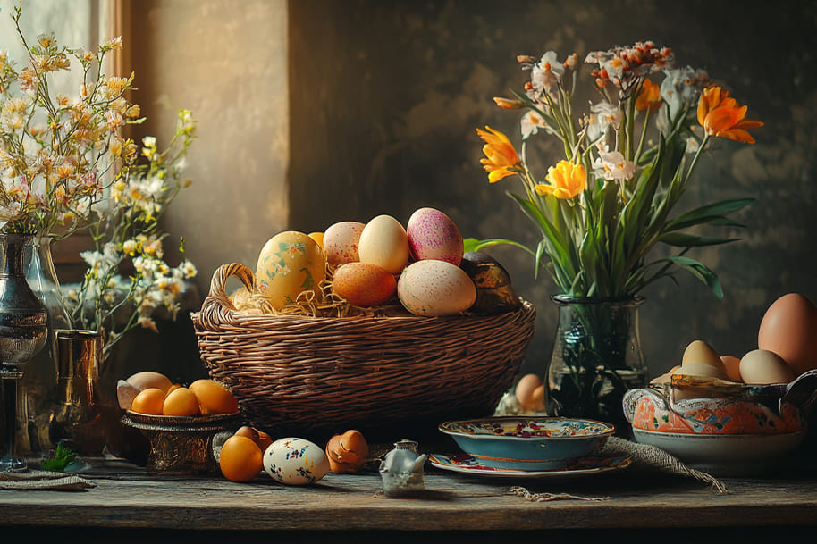 Beautifully decorated Easter eggs in a wicker basket with spring flowers on a rustic table, celebrate Easter traditions with style on EternalSlots.com.