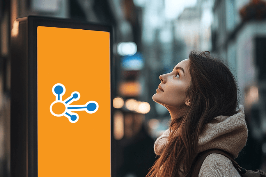 Girl admiring a glowing street billboard with the Transit app logo – representing real-time public transport navigation tools for urban explorers and commuters.