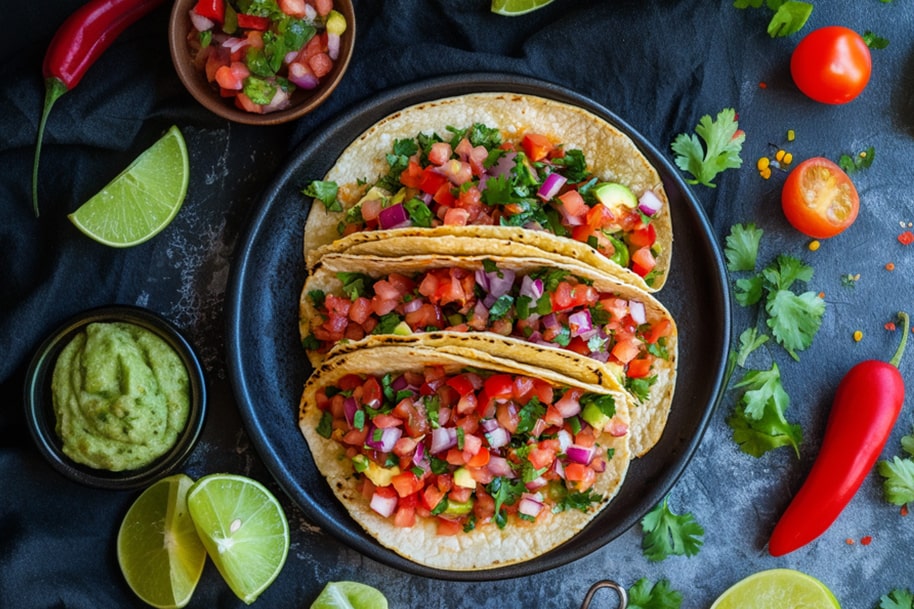 Fresh veggie tacos with pico de gallo, cilantro, lime, and guacamole – a vibrant Cinco de Mayo recipe perfect for party food ideas on EternalSlots.com.