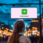Young woman looking at a digital billboard displaying the Citymapper logo in a vibrant city – promoting smart travel and urban mobility best travel apps for seamless navigation.