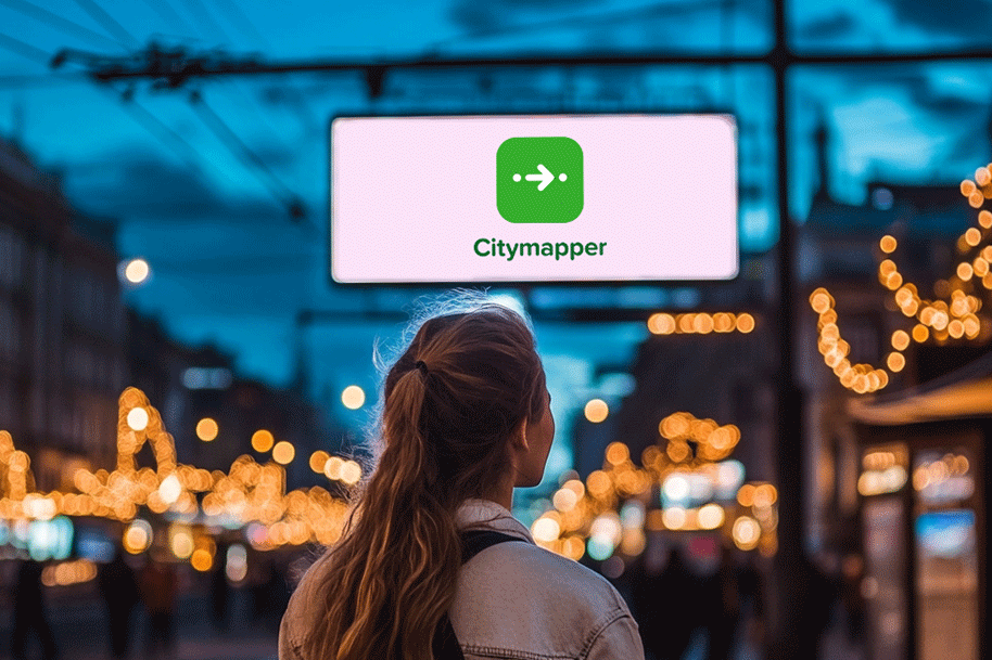 Young woman looking at a digital billboard displaying the Citymapper logo in a vibrant city – promoting smart travel and urban mobility apps for seamless navigation.