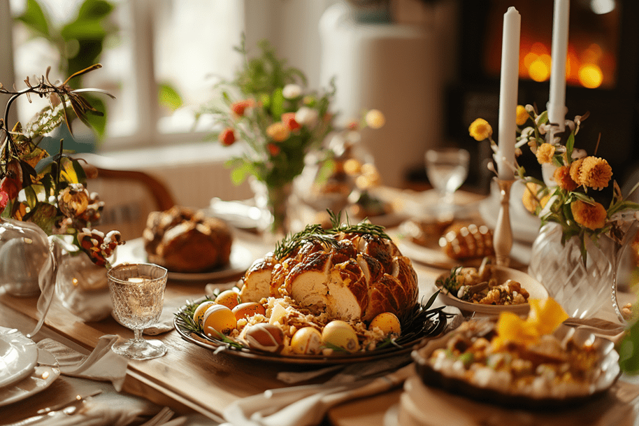 Elegant Easter dinner table with a baked stuffed chicken centerpiece, festive side dishes, and spring decor—perfect inspiration for Easter dinner ideas on EternalSlots.com