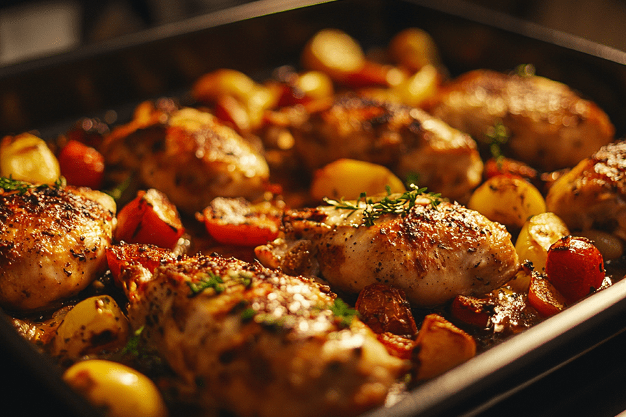 Oven-roasted chicken thighs with potatoes and herbs, freshly baked and golden brown—celebrate your wins at Eternal Slots Casino with instant withdrawals and a cozy homemade dinner.
