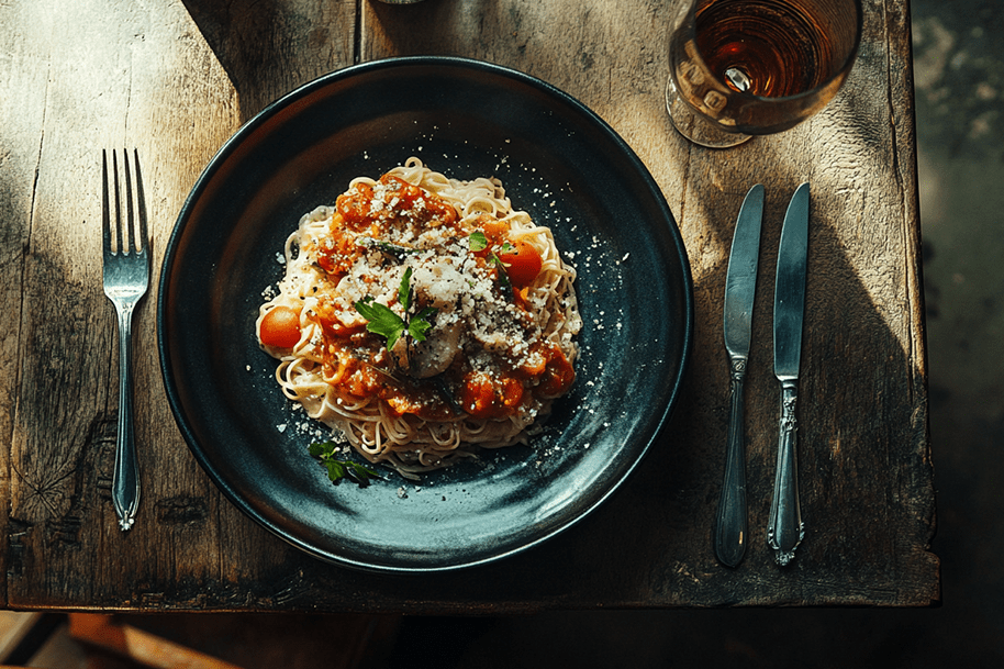 Delicious plate of pasta with tomato sauce, parmesan, and fresh herbs served on a rustic wooden table—perfect comfort food after an exciting win and instant withdrawal at Eternal Slots Casino.