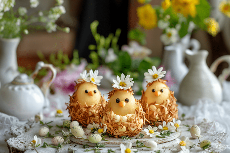 Adorable Easter chick desserts in edible nests topped with daisies, surrounded by mini eggs and spring flowers—perfect for a family-friendly Easter recipe on EternalSlots.com.