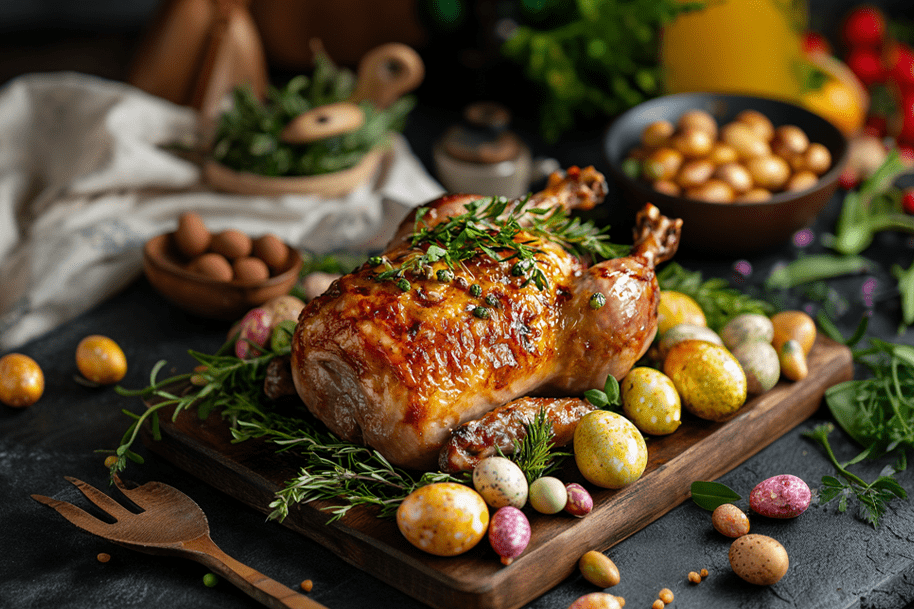 Golden roasted Easter chicken garnished with herbs and surrounded by colorful eggs—perfect centerpiece for Easter Sunday dinner ideas featured on EternalSlots.com.