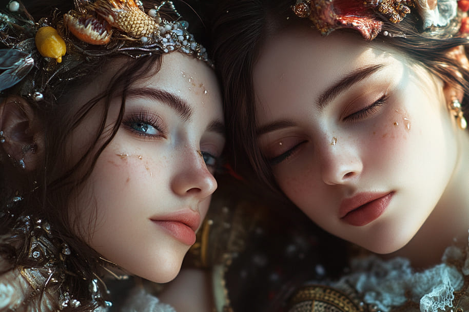 Fantasy portrait of twin women with ocean-inspired crowns and delicate details, symbolizing the Gemini zodiac sign – featured in Eternal Slots casino’s horoscope-based slots.