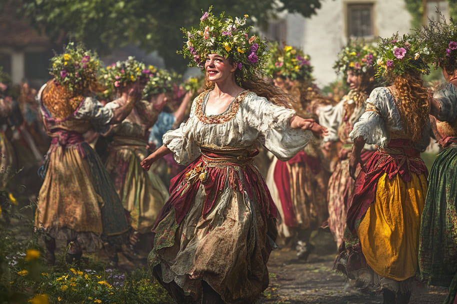 Women in traditional floral dresses celebrating May Day with dance and flower crowns at a spring festival, Eternal Slots blog.