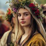Young woman in traditional May Day attire wearing a flower crown during springtime festivities, featured on Eternal Slots blog.
