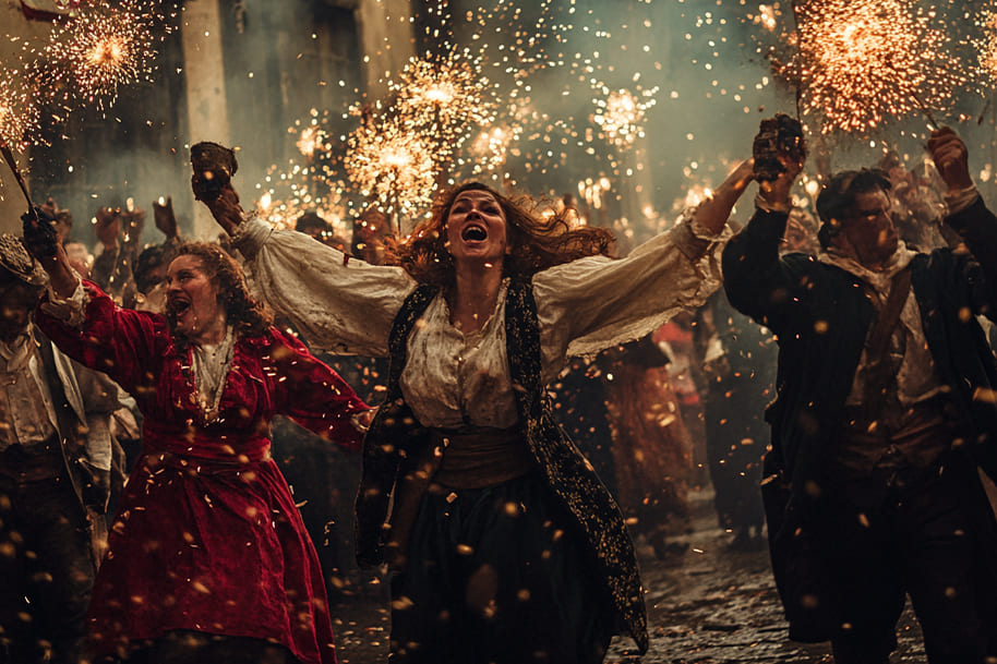 Fiery nighttime May Day celebration with sparklers and dancing crowds in traditional clothes, Eternal Slots festive culture series.