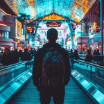 Back view of solo traveler exploring neon-lit Las Vegas casino street, budget-friendly VIP travel experience featured by Eternal Slots blog.