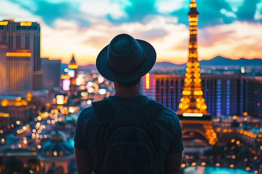 Traveler with backpack overlooking Las Vegas Strip at sunset with Eiffel Tower replica, high roller budget travel inspiration at EternalSlots Casino.
