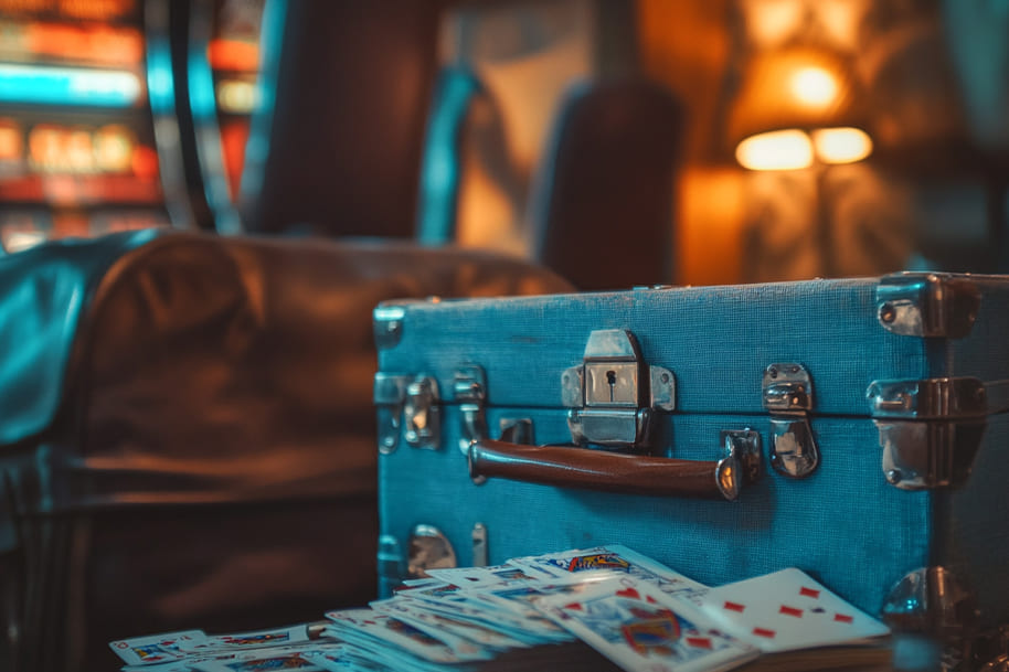 Close-up of blue travel suitcase with playing cards in luxury casino lounge, packing essentials for high roller trips on a budget with Eternal Slots.