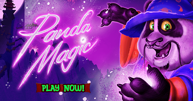 Panda Magic slot game banner featuring a wizard panda casting glowing spells. Play Panda Magic one of the best RTG slot games at Eternal Slots Casino for enchanting features, free spins, and magical real money rewards.