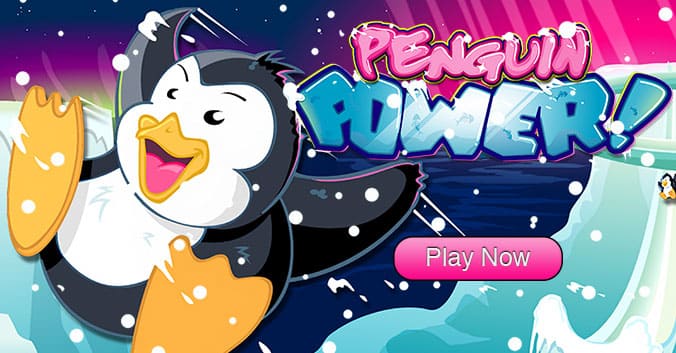 Penguin Power slot game banner featuring a cheerful cartoon penguin sliding across icy terrain. Play Penguin Power at Eternal Slots Casino for cool bonuses, wild symbols, and real money wins.
