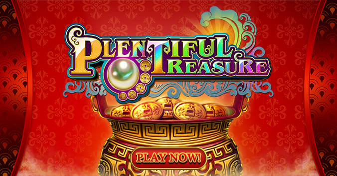 Plentiful Treasure slot game banner featuring a glowing pearl and overflowing golden pot. Play Plentiful Treasure one of the best RTG slot games at Eternal Slots Casino for massive jackpot wins and exciting bonus features.
