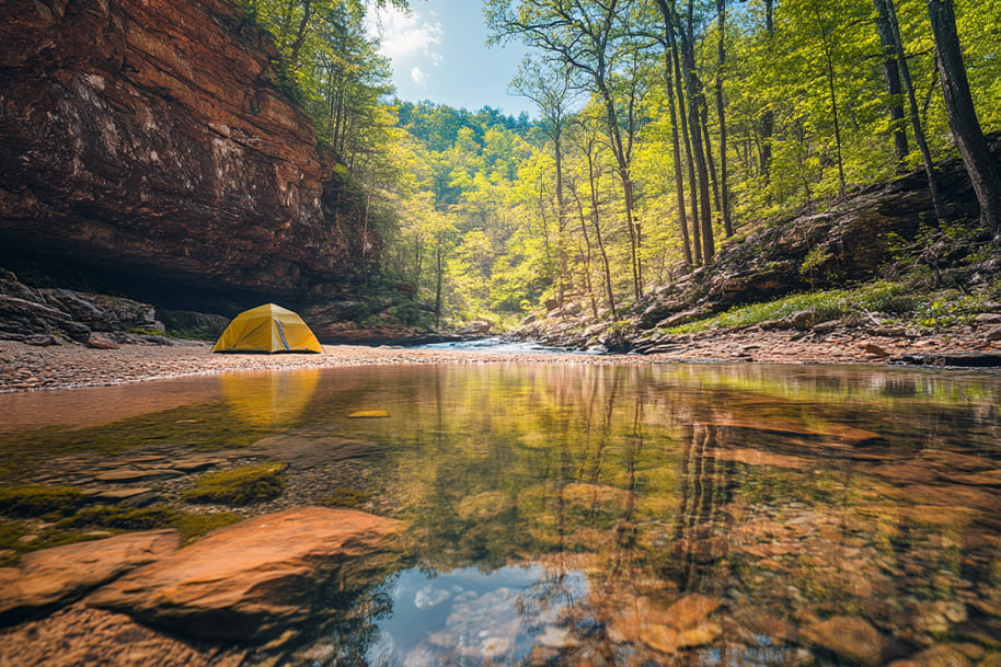 Morning forest view from inside a tent during a peaceful camping getaway — a relaxing and affordable spring break idea for adults seeking nature escapes