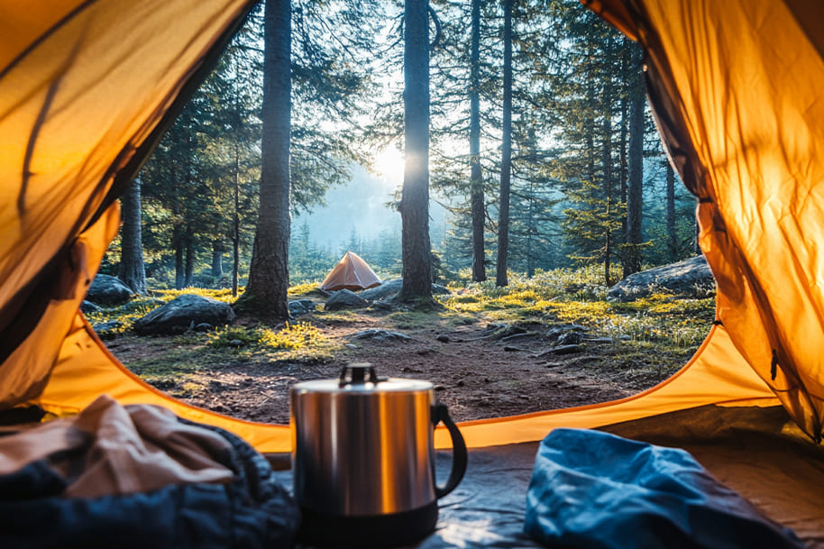 Morning forest view from inside a tent during a peaceful camping getaway — a relaxing and affordable spring break idea for adults seeking nature escapes