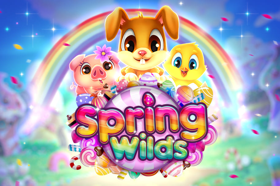 Spring Wilds slot by RTG featuring colorful Easter animals, candy graphics, and rainbow backdrop at EternalSlots.com