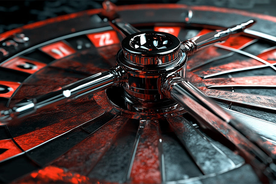 Stylized dark red and black roulette wheel close-up with dramatic lighting – representing the allure and unpredictability of online roulette games.