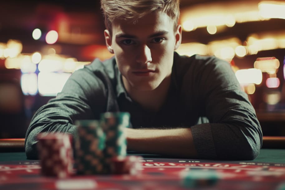 Young gambler staring intensely across a casino table stacked with chips – reflecting the risky decisions and emotional highs of casino gameplay.
