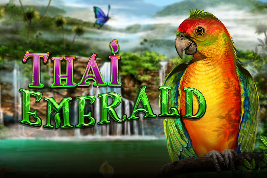 Thai Emerald spring-themed slot by RTG featuring a vibrant tropical parrot, lush jungle waterfall, and nature-inspired design at EternalSlots.com