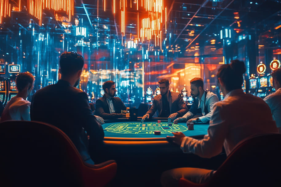 "Group of players at a casino roulette table under vibrant lights, illustrating social gaming dynamics in the play-to-earn iGaming trend on Eternal Slots blog.