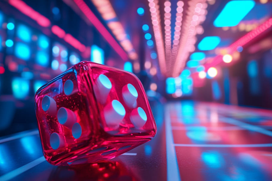 Red casino dice on a neon-lit table, symbolizing chance and innovation in play-to-earn games on Eternal Slots blog.