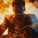 Focused casino player surrounded by fire and poker chips, illustrating the rise of play-to-earn gaming on Eternal Slots blog.