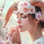 Woman with ram horns and flower crown symbolizing Aries, surrounded by spring blossoms. Discover the top 5 lucky zodiac signs this spring on the Eternal Slots blog.