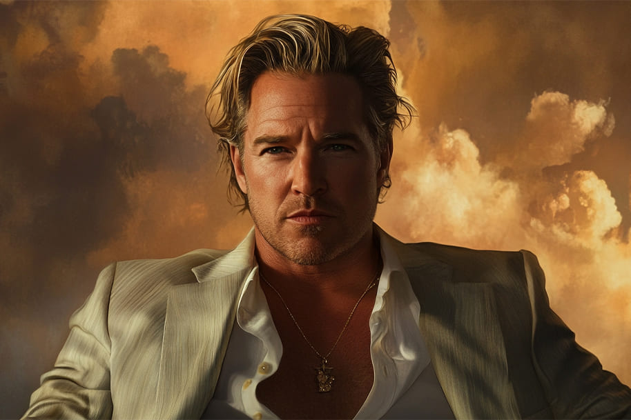 Val Kilmer in a white suit with dramatic sky background – honoring the legendary actor's life and legacy on the EternalSlots.com casino blog tribute.