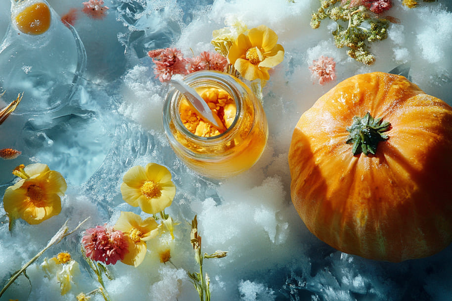 Fermented pumpkin in a glass jar surrounded by fresh flowers and ice – showcasing the health benefits of fermented and pickled foods on EternalSlots.com wellness blog.