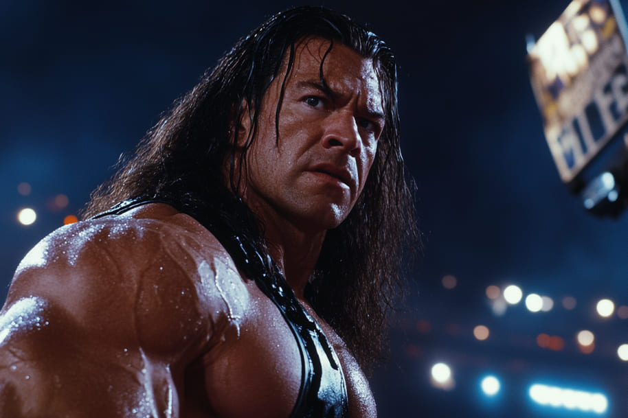 Powerful wrestler stares down opponent under arena lights at WrestleMania 41, featured in Eternal Slots blog on cross-promotional wrestling stars.