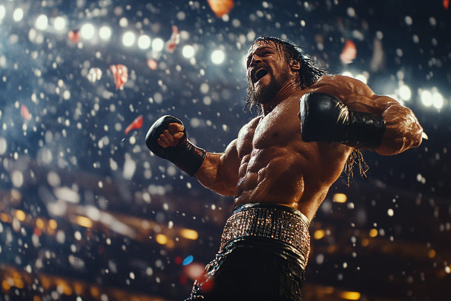 Wrestler celebrates victory at WrestleMania 41 with confetti falling, featured in Eternal Slots blog post on cross-promotional wrestling stars.