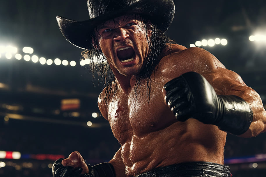 Intense wrestler in cowboy hat roaring during WrestleMania 41 match, spotlighting cross-promotional wrestling stars on Eternal Slots blog.