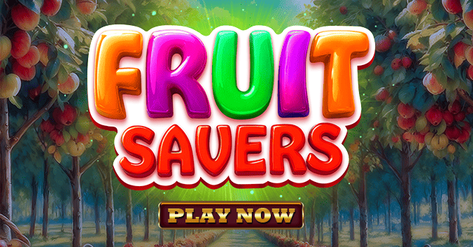 Vibrant Fruit Savers slot game logo surrounded by fruit trees and baskets highlighting the fruity charm and instant withdrawal benefits of playing at Eternal Slots.