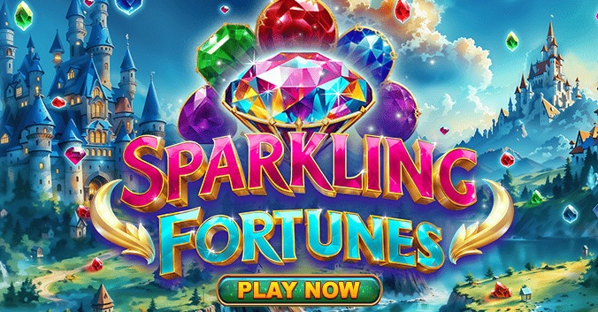 Sparkling Fortunes slot game banner with colorful gems, magical castle landscape, and 'Play Now' button, featured at Eternal Slots online casino.