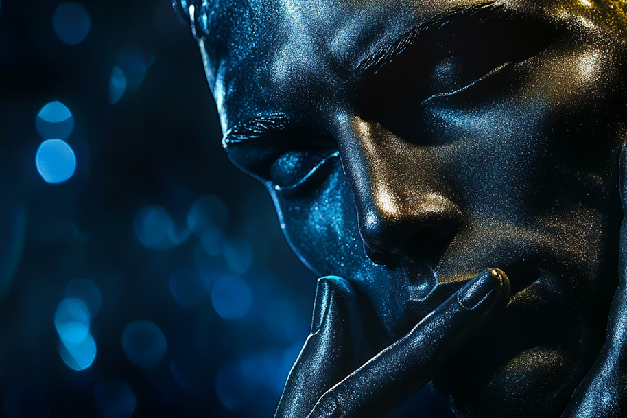 Close-up of a mysterious metallic face statue in blue light reflecting the iconic elegance and legacy celebrated at the American Music Awards.