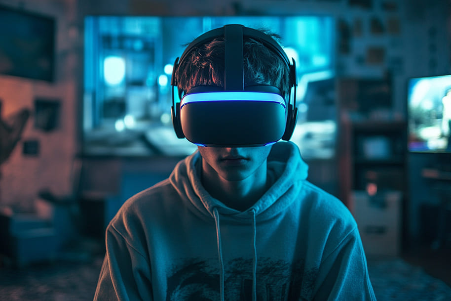 Player with VR headset and headphones deeply engaged in an Among Us–style social deduction game in virtual reality.