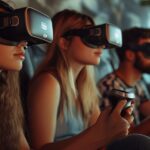 Group of friends wearing VR headsets and wireless controllers, enjoying cooperative online games together this summer.